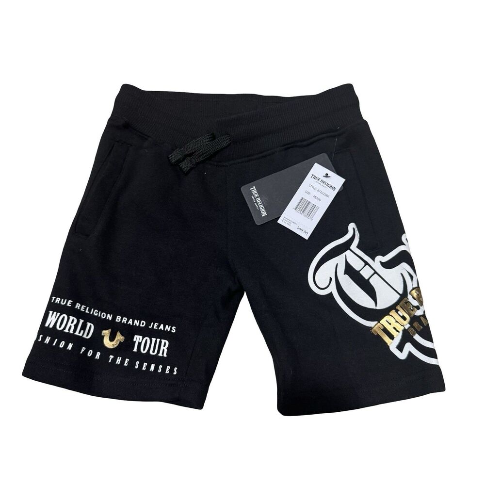 NWT True Religion Shorts Boys Youth Medium 5/6 Fleece Drawstrings Athletic Logo